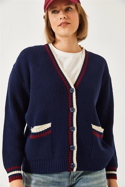 Çizgili Selanik Örgülü Triko Hırka 20246948 - Lacivert