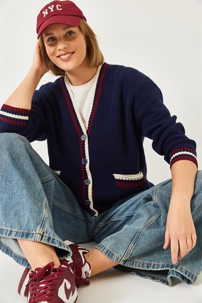 Çizgili Selanik Örgülü Triko Hırka 20246948 - Lacivert