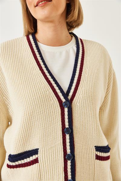 Çizgili Selanik Örgülü Triko Hırka 20246948 - Ekru