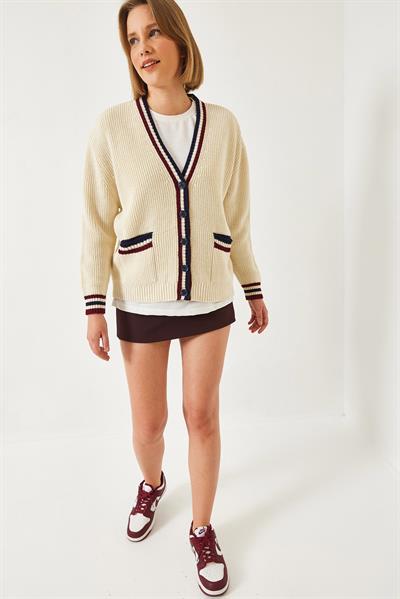 Çizgili Selanik Örgülü Triko Hırka 20246948 - Ekru