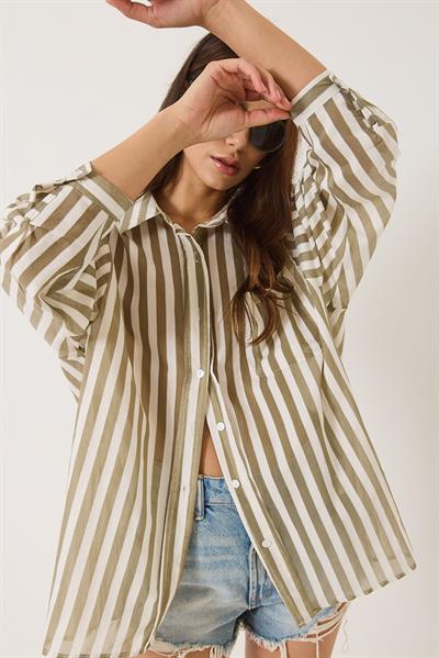 Kadın Çizgili Tek Cep Detaylı Oversize Gömlek 2077 60283117 - Haki