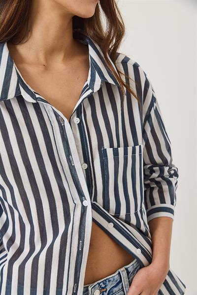 Kadın Çizgili Tek Cep Detaylı Oversize Gömlek 2077 60283117 - Lacivert