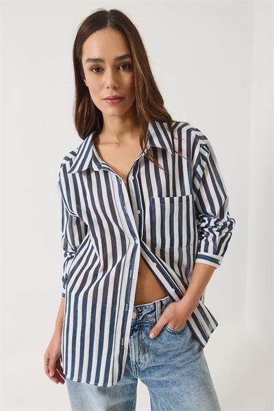 Kadın Çizgili Tek Cep Detaylı Oversize Gömlek 2077 60283117 - Lacivert