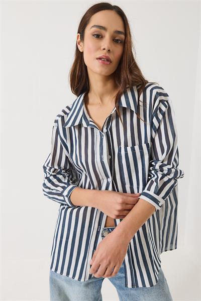 Kadın Çizgili Tek Cep Detaylı Oversize Gömlek 2077 60283117 - Lacivert