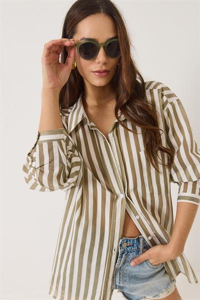 Kadın Çizgili Tek Cep Detaylı Oversize Gömlek 2077 60283117 - Haki