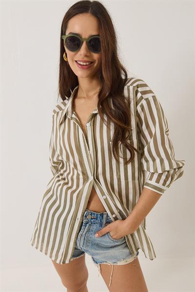 Kadın Çizgili Tek Cep Detaylı Oversize Gömlek 2077 60283117 - Haki