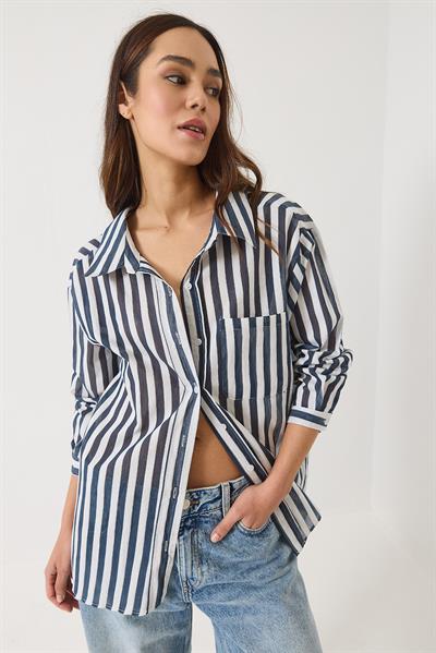 Kadın Çizgili Tek Cep Detaylı Oversize Gömlek 2077 60283117 - Lacivert