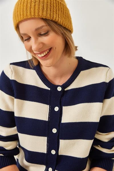 Çizgili Triko Hırka 20246868 - Lacivert-Ekru