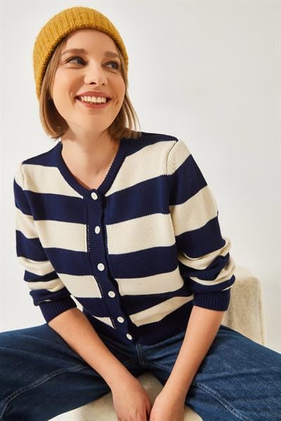 Çizgili Triko Hırka 20246868 - Lacivert-Ekru