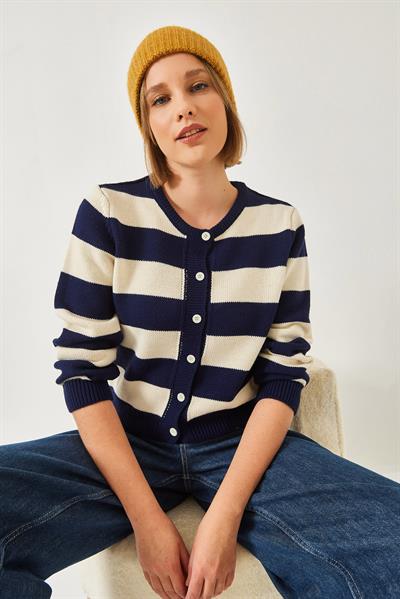 Çizgili Triko Hırka 20246868 - Lacivert-Ekru