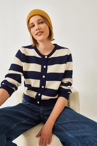 Çizgili Triko Hırka 20246868 - Lacivert-Ekru