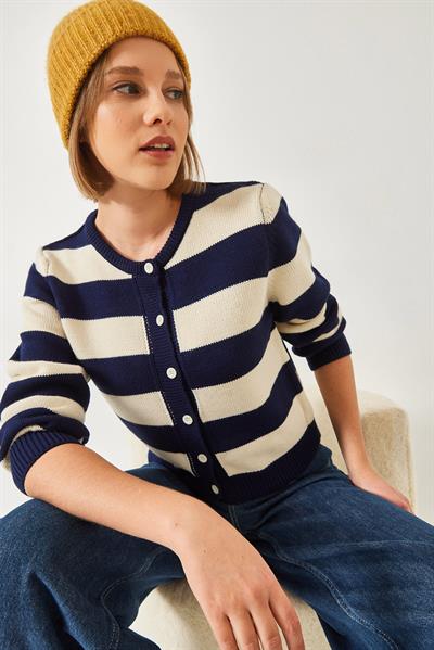 Çizgili Triko Hırka 20246868 - Lacivert-Ekru