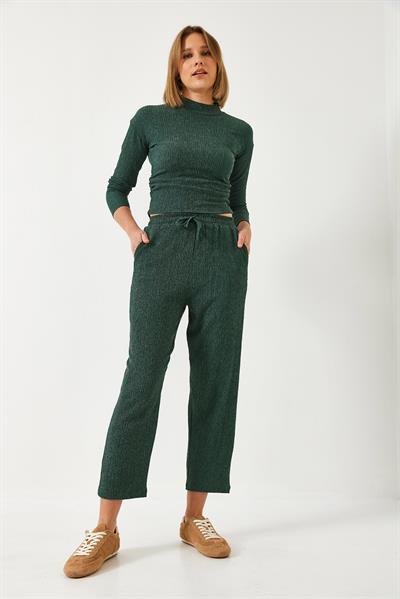 Kadın Crop Bluz ve Beli Lastikli Pantolonlu Alt Üst Takım 60261363 - Zümrüt Yeşili