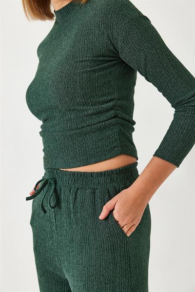 Kadın Crop Bluz ve Beli Lastikli Pantolonlu Alt Üst Takım 60261363 - Zümrüt Yeşili