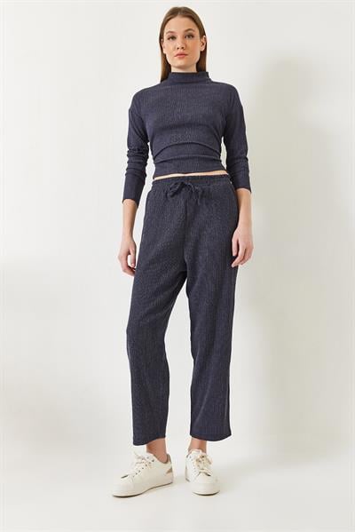 Kadın Crop Bluz ve Beli Lastikli Pantolonlu Alt Üst Takım 60261363 - Lacivert