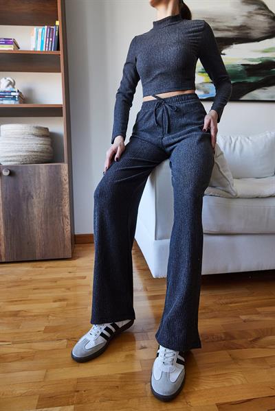 Kadın Crop Bluz ve Beli Lastikli Pantolonlu Alt Üst Takım 415 60261089 - Antrasit