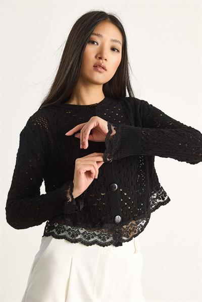 Dantel Detaylı Mevsimlik Örgü Hırka 20251008 - Siyah