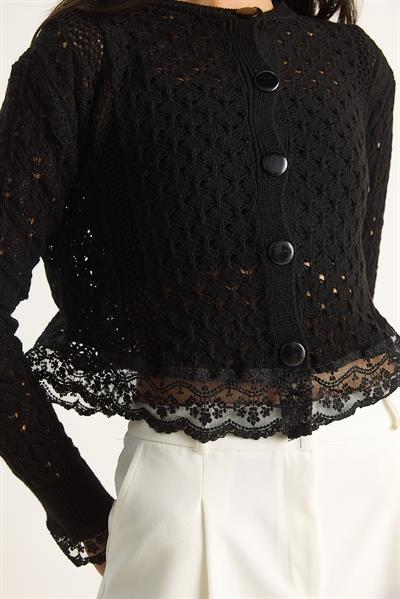 Dantel Detaylı Mevsimlik Örgü Hırka 20251008 - Siyah