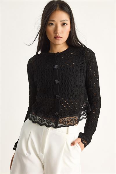 Dantel Detaylı Mevsimlik Örgü Hırka 20251008 - Siyah