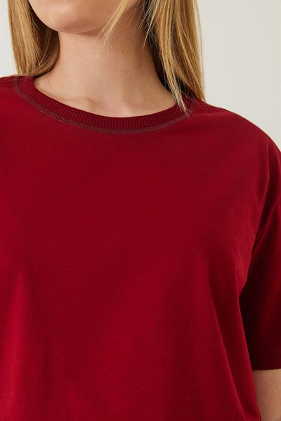 Kadın Dekoratif Dikişli Bisiklet Yaka Tshirt 60602001 - Bordo