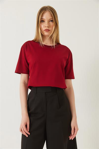 Kadın Dekoratif Dikişli Bisiklet Yaka Tshirt 60602001 - Bordo