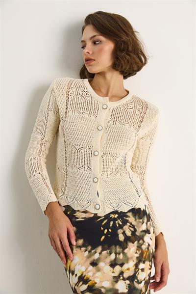 Delikli İşlemeli Triko Hırka 20251045 - Ekru