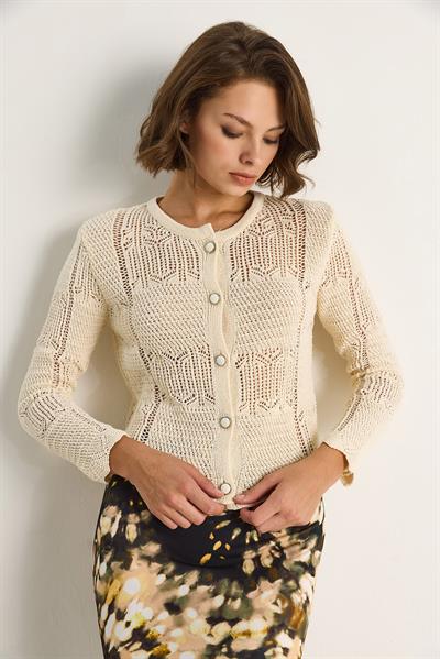 Delikli İşlemeli Triko Hırka 20251045 - Ekru