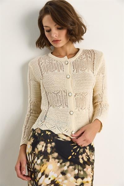 Delikli İşlemeli Triko Hırka 20251045 - Ekru