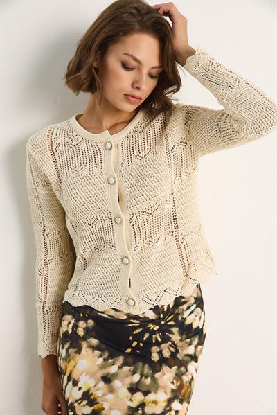 Delikli İşlemeli Triko Hırka 20251045 - Ekru