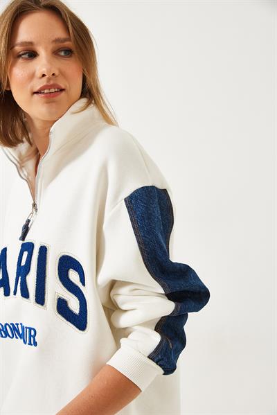Denim Detaylı Üç İplik Şardonlu Oversize Fermuarlı Sweatshirt 60261236 - Beyaz