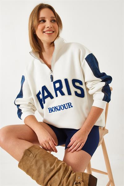 Denim Detaylı Üç İplik Şardonlu Oversize Fermuarlı Sweatshirt 60261236 - Beyaz