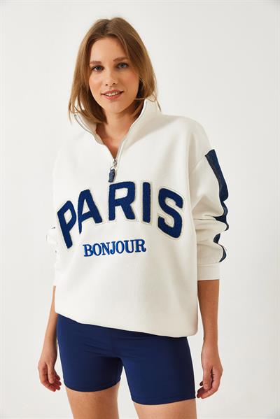 Denim Detaylı Üç İplik Şardonlu Oversize Fermuarlı Sweatshirt 60261236 - Beyaz