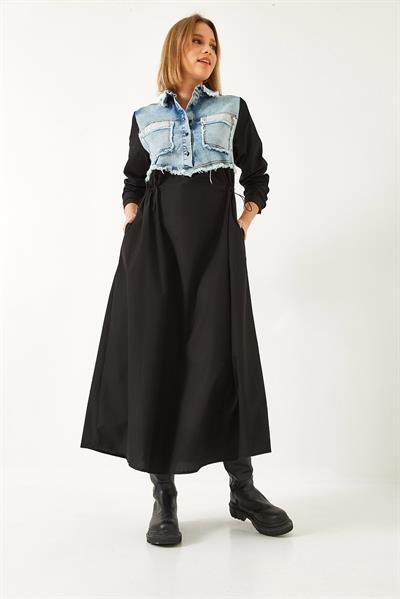 Kadın Denim Garnili Uzun Kloş Elbise 60351248 - Mavi-Siyah