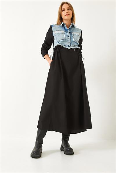 Kadın Denim Garnili Uzun Kloş Elbise 60351248 - Mavi-Siyah
