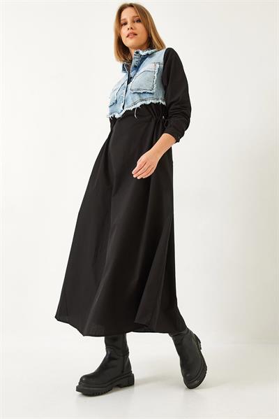 Kadın Denim Garnili Uzun Kloş Elbise 60351248 - Mavi-Siyah