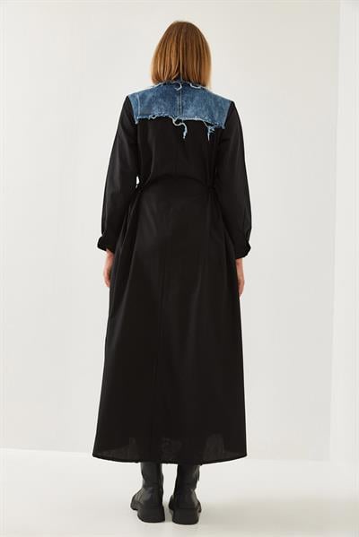 Kadın Denim Garnili Uzun Kloş Elbise 60351248 - Siyah