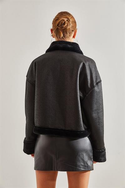 Kadın Deri Peluşlu Araboy Mont 2326 - Siyah