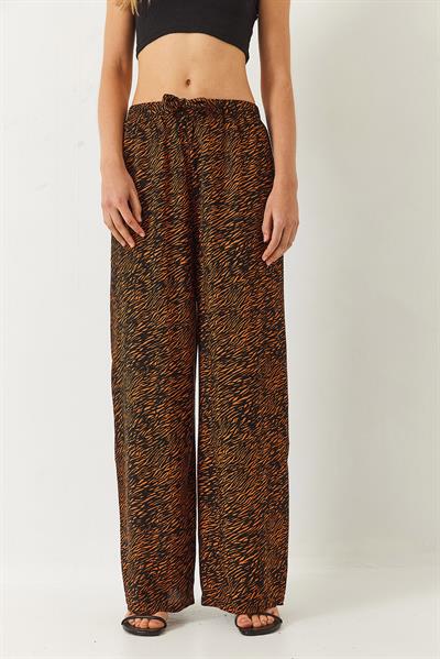 Kadın Desenli Beli Lastikli Bağlamalı Rahat Viskon Pantolon 60261469 - Siyah-Camel