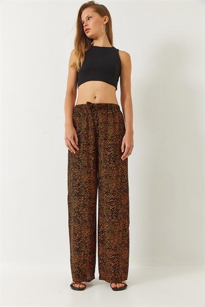 Kadın Desenli Beli Lastikli Bağlamalı Rahat Viskon Pantolon 60261469 - Siyah-Camel