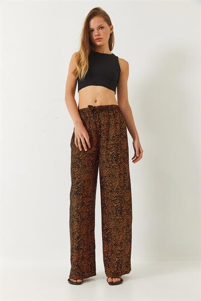Kadın Desenli Beli Lastikli Bağlamalı Rahat Viskon Pantolon 60261469 - Siyah-Camel