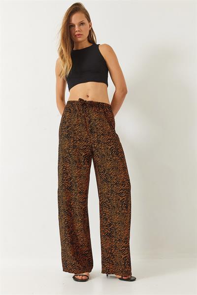 Kadın Desenli Beli Lastikli Bağlamalı Rahat Viskon Pantolon 60261469 - Siyah-Camel