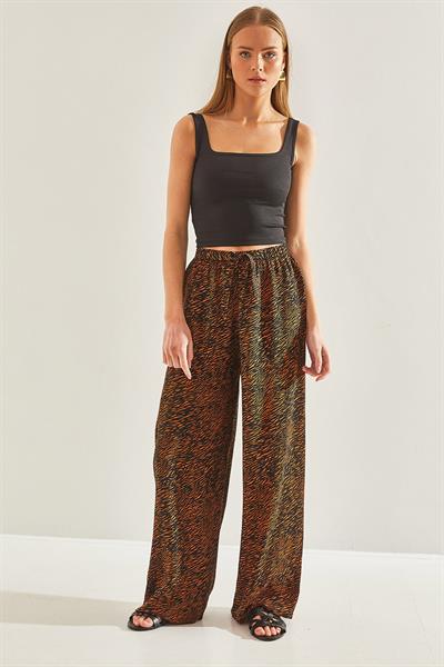 Kadın Desenli Beli Lastikli Viskon Pantolon 60101053 - Siyah-Camel