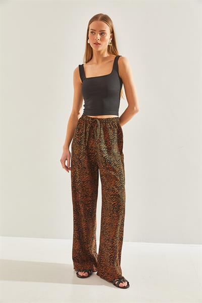 Kadın Desenli Beli Lastikli Viskon Pantolon 60101053 - Siyah-Camel