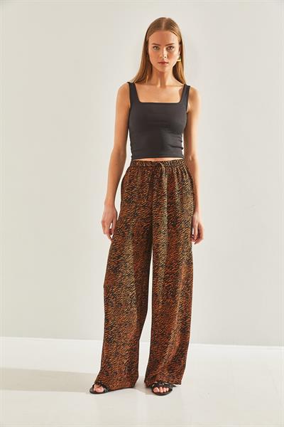 Kadın Desenli Beli Lastikli Viskon Pantolon 60101053 - Siyah-Camel