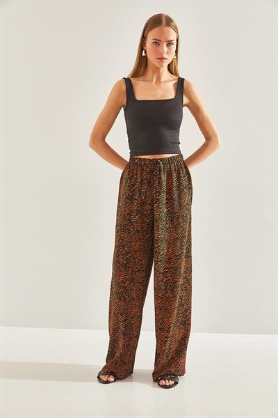 Kadın Desenli Beli Lastikli Viskon Pantolon 60101053 - Siyah-Camel
