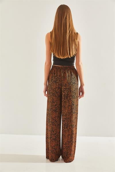 Kadın Desenli Beli Lastikli Viskon Pantolon 60101053 - Siyah-Camel