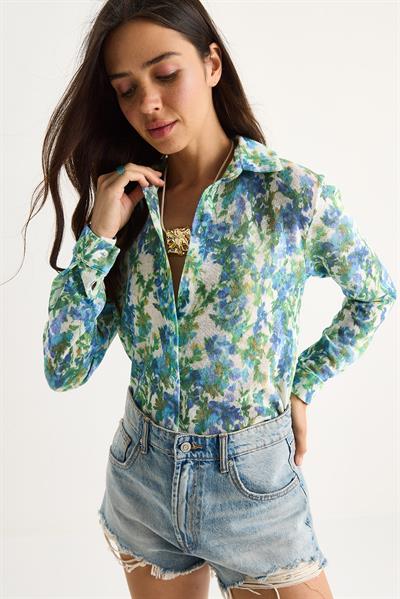 Kadın Desenli Dijital Baskılı Regular Yazlık Örme Gömlek 60282014 - Mavi-Yeşil