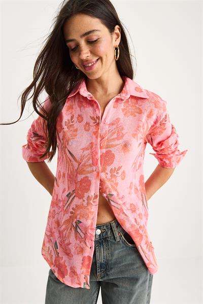 Kadın Desenli Dijital Baskılı Regular Yazlık Örme Gömlek 60282014 - Pembe