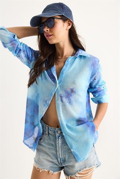 Kadın Desenli Dijital Baskılı Regular Yazlık Örme Gömlek 60282014 - Gök Mavisi