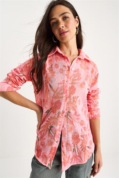 Kadın Desenli Dijital Baskılı Regular Yazlık Örme Gömlek 60282014 - Pembe